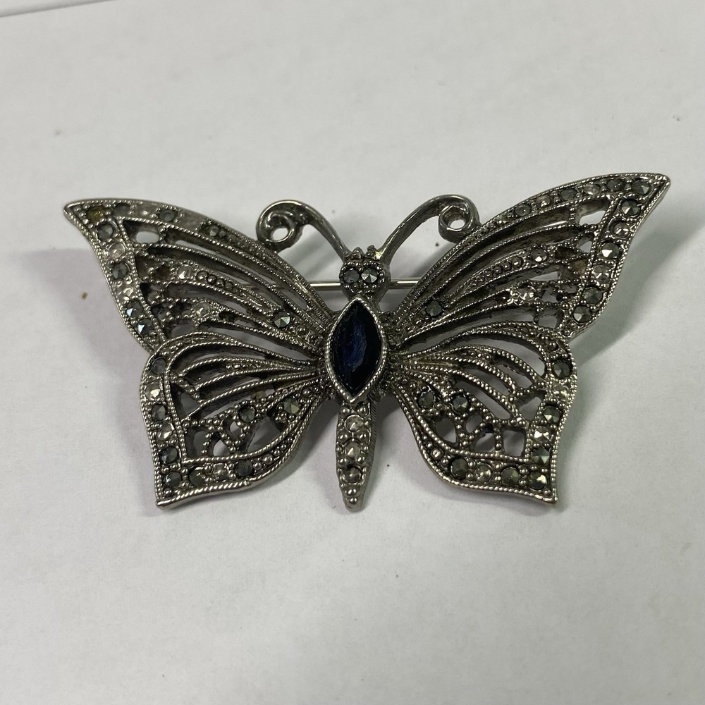 Vintage Butterfly Silver Tone‎ Filigree Style Black Rhinestone Brooch 2x1"